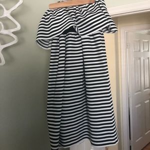 Black and white strapless striped dress